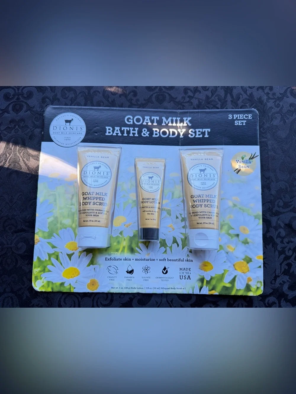 NEW Dionis Goat Milk Bath & Body Gift Set Vanilla Bean 3 Pc Whipped Scrub Lotion
